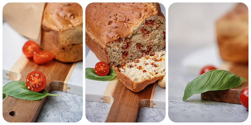 Trio of images featuring sliced tomato basil bread